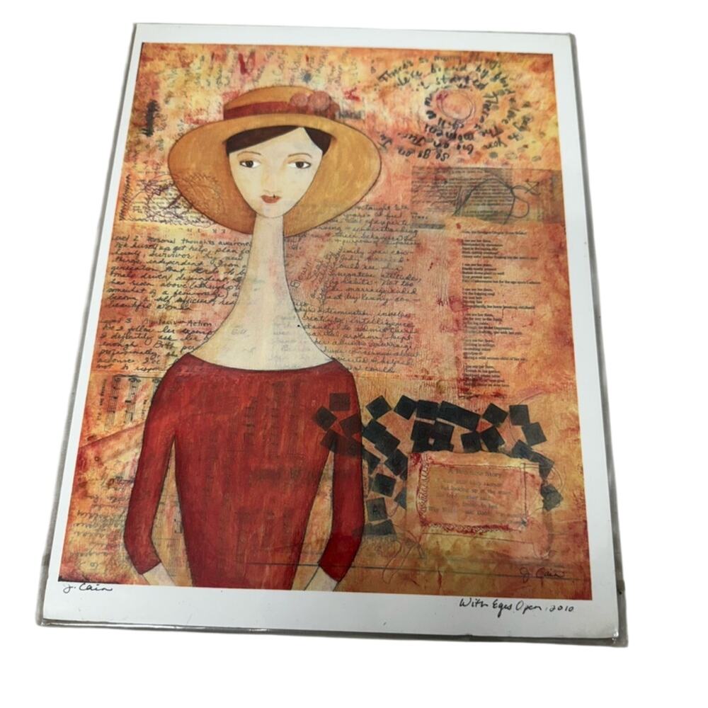 Jody Cain With Eyes Open Lithograph 8.5 x 11 Print Women in Hat Vintage 90s